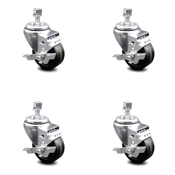3 Inch Phenolic Wheel Swivel 1/2 Inch Threaded Stem Caster Set with Brake SCC